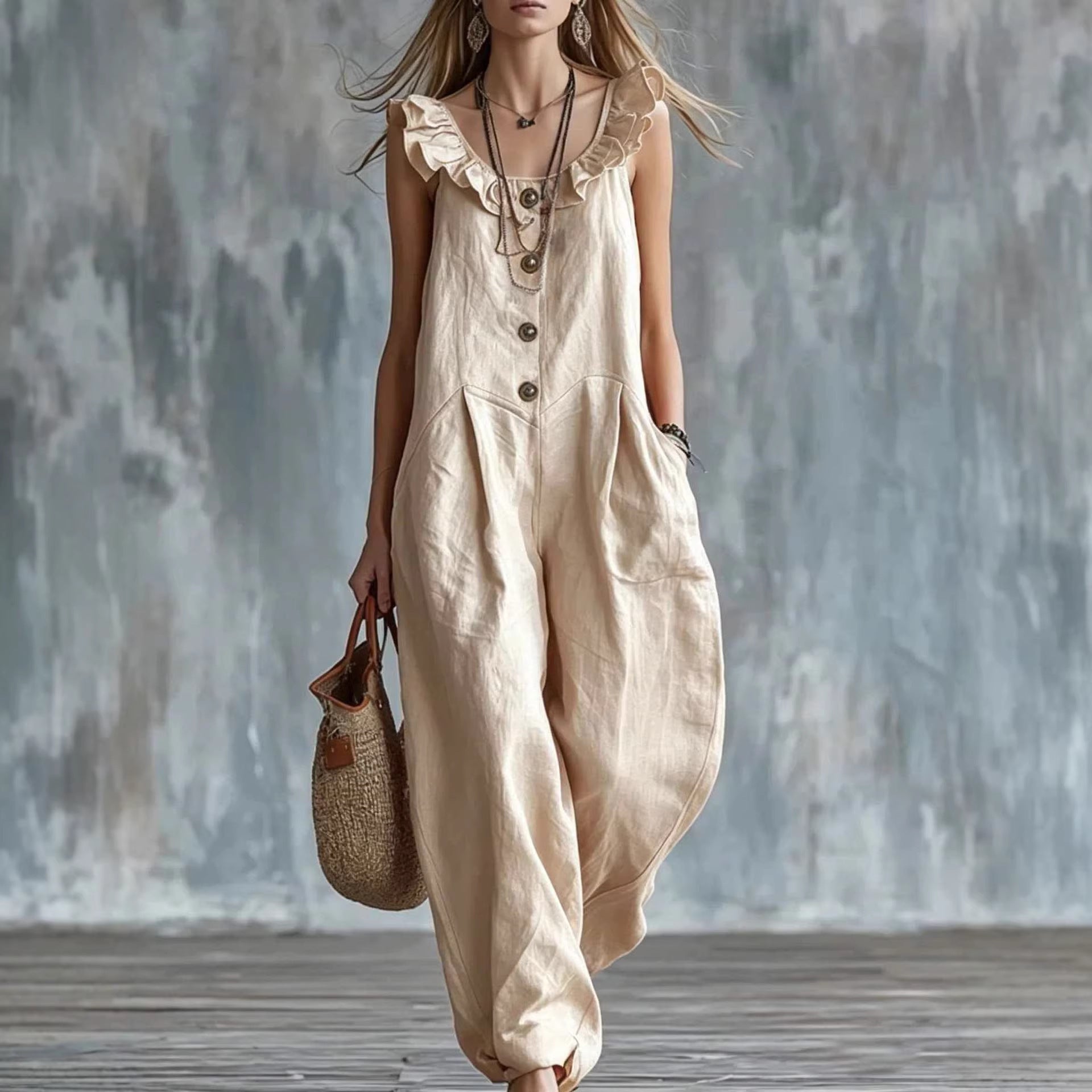 Womens Solid-Colored Sleeveless Button-Down Jumpsuit