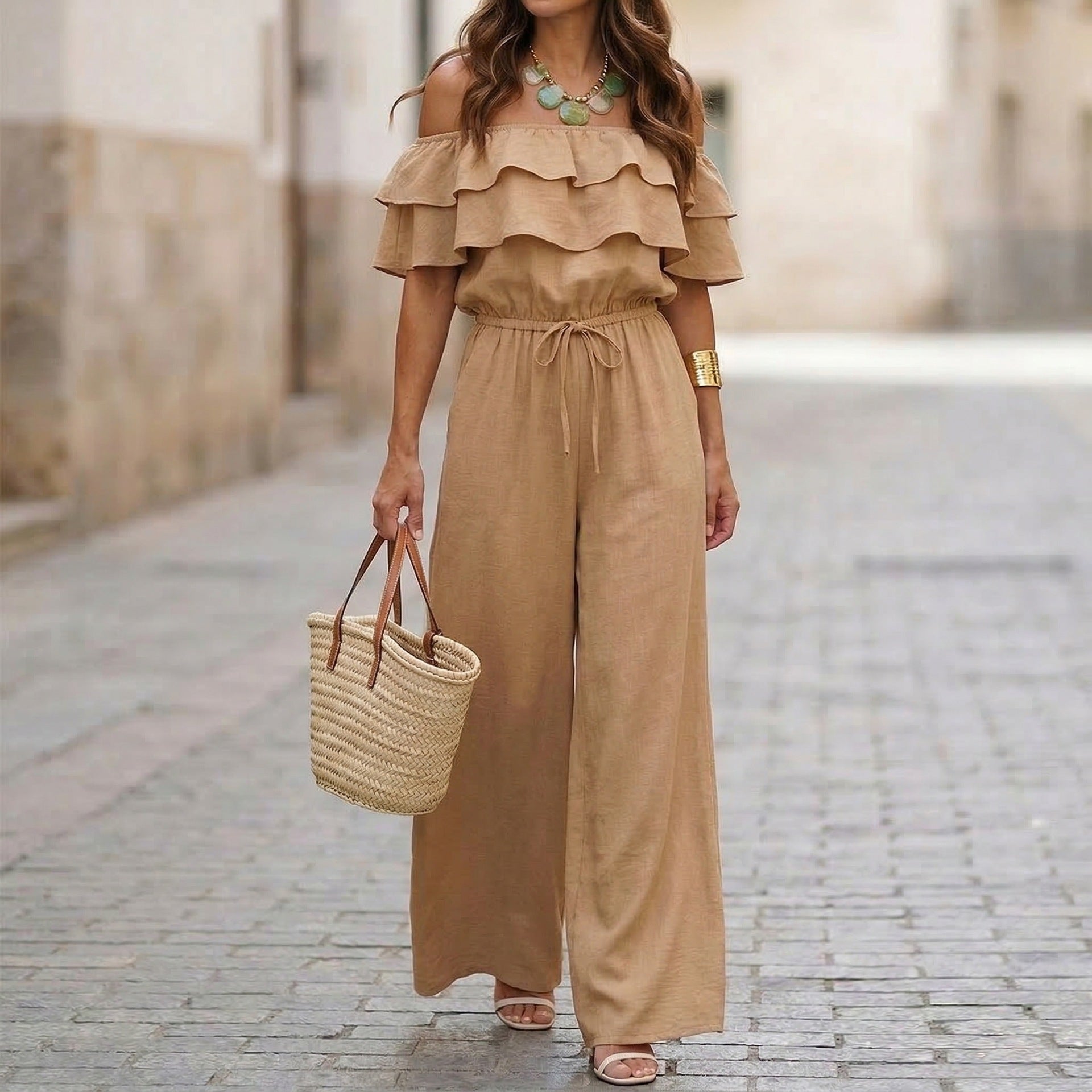 Womens Ruffled Off-Shoulder Solid Color Cinched Waist Jumpsuit