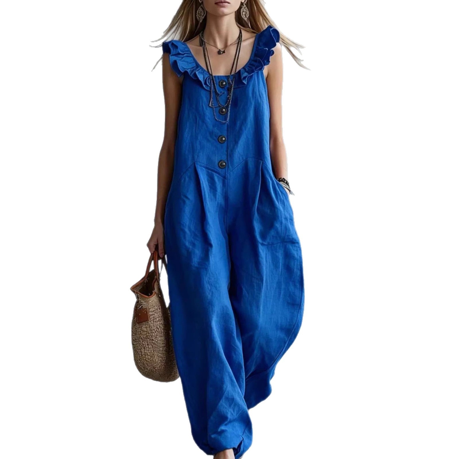 Womens Solid-Colored Sleeveless Button-Down Jumpsuit
