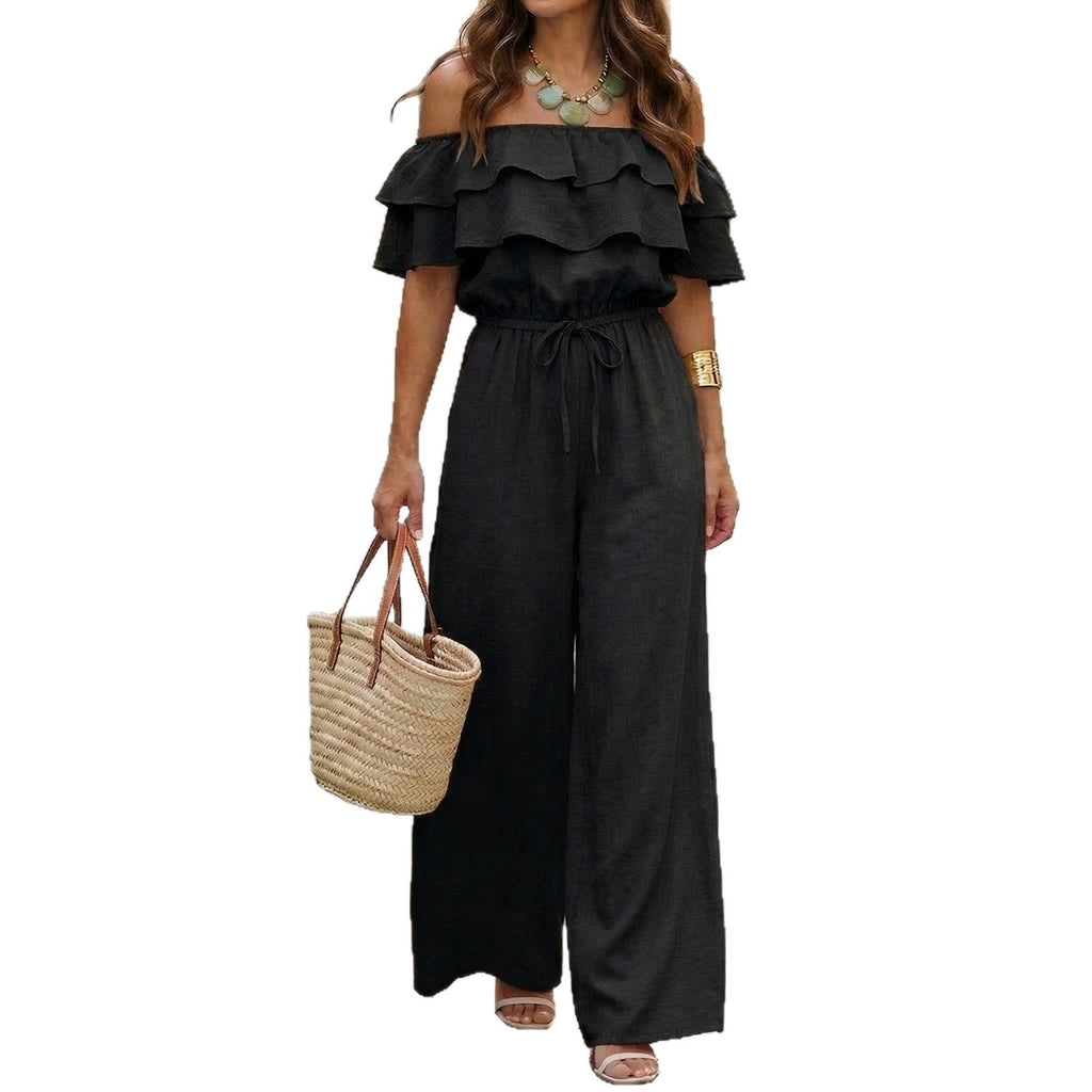 Womens Ruffled Off-Shoulder Solid Color Cinched Waist Jumpsuit