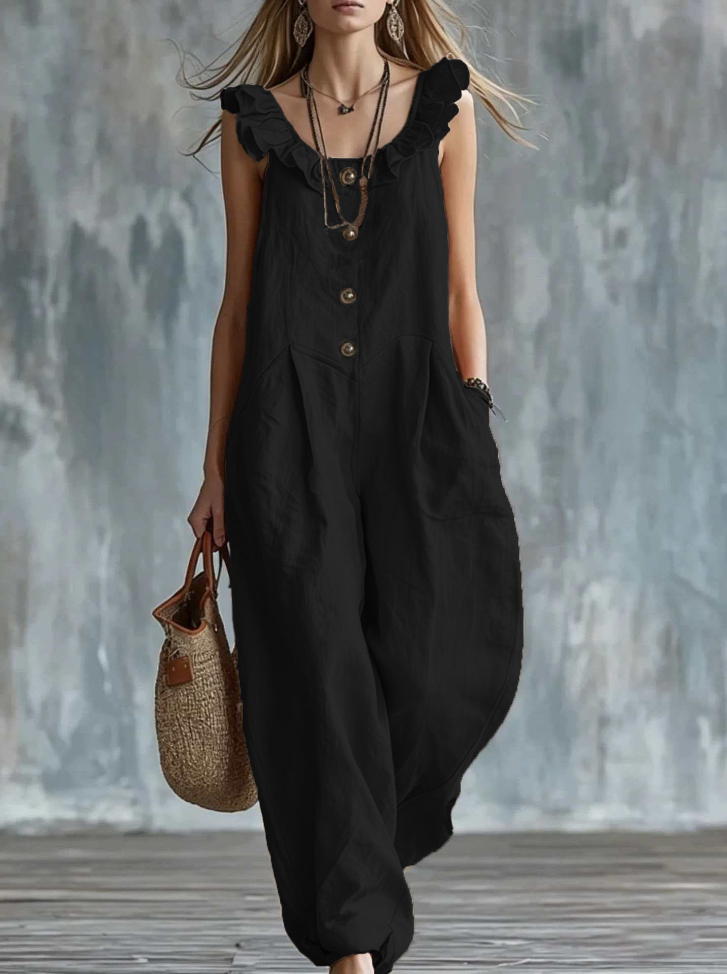 Womens Solid-Colored Sleeveless Button-Down Jumpsuit