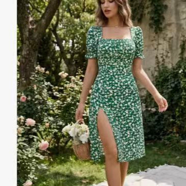 Women's French-style Square-neck Floral Print Dress