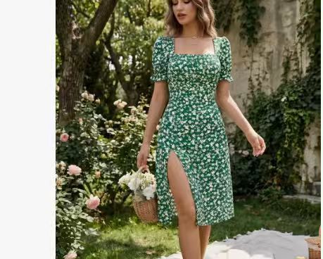 Women's French-style Square-neck Floral Print Dress