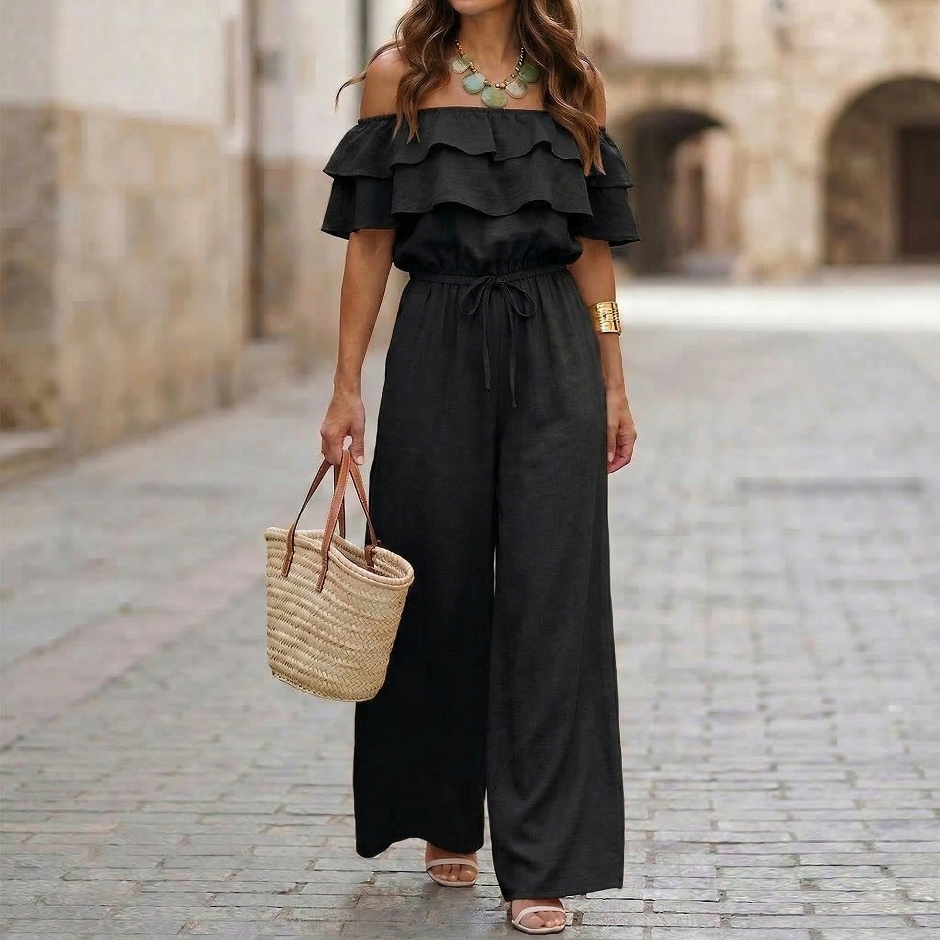 Womens Ruffled Off-Shoulder Solid Color Cinched Waist Jumpsuit