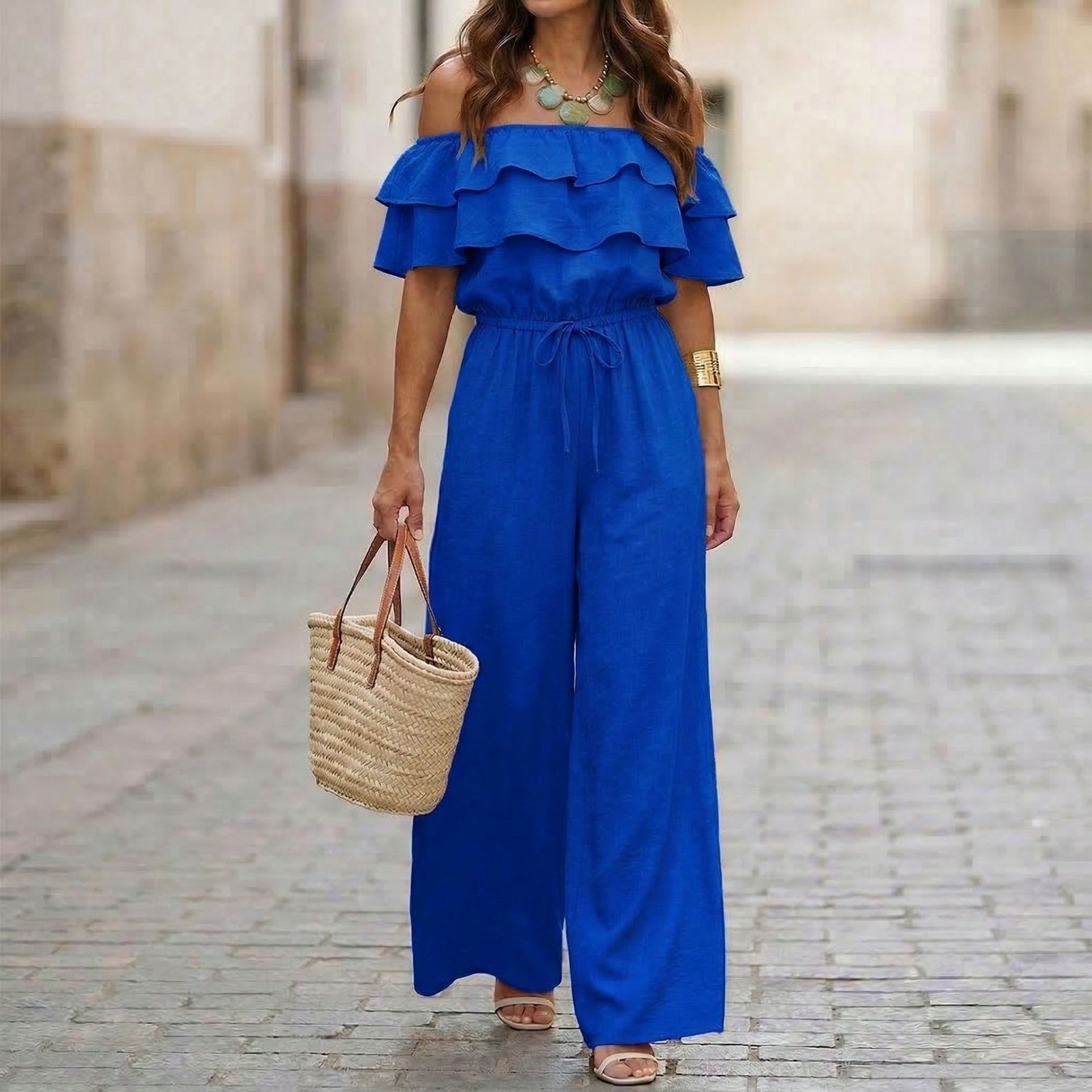 Womens Ruffled Off-Shoulder Solid Color Cinched Waist Jumpsuit